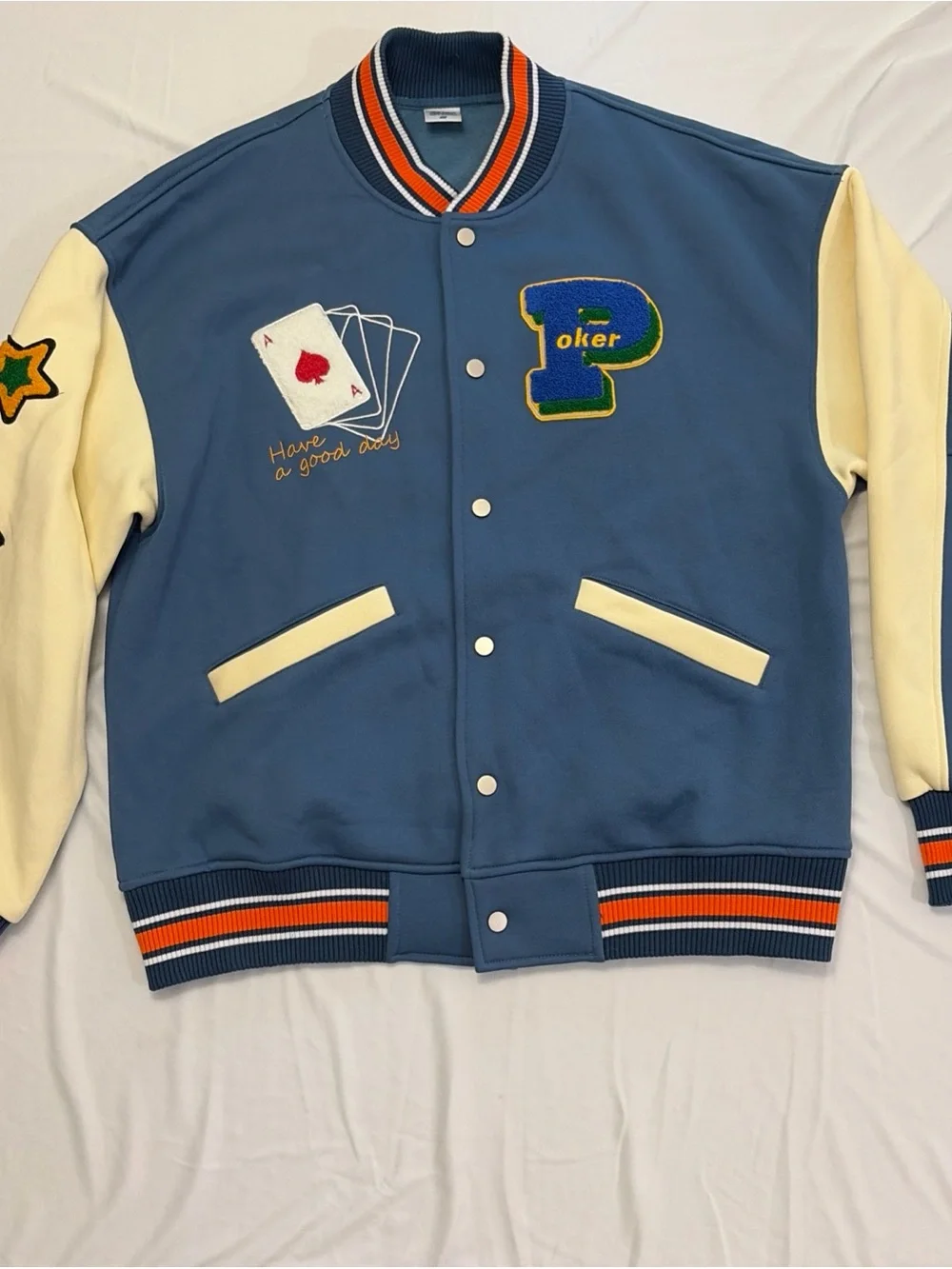 Blue & Cream Varsity Jacket with Poker Patch’s World’s Luckiest Jacket